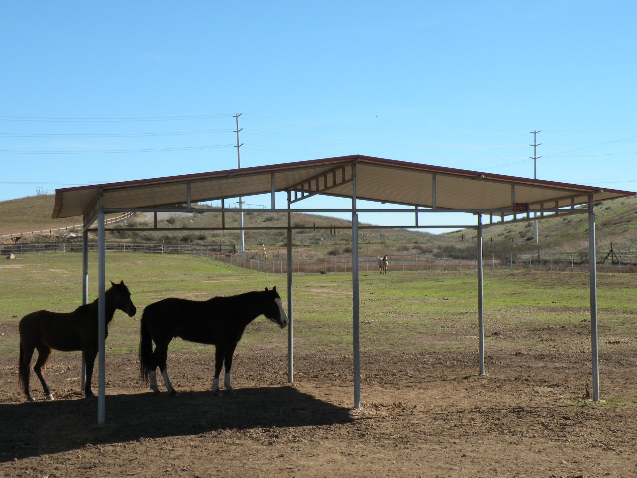 Two horses standing under a shelter in the middle of an open field.